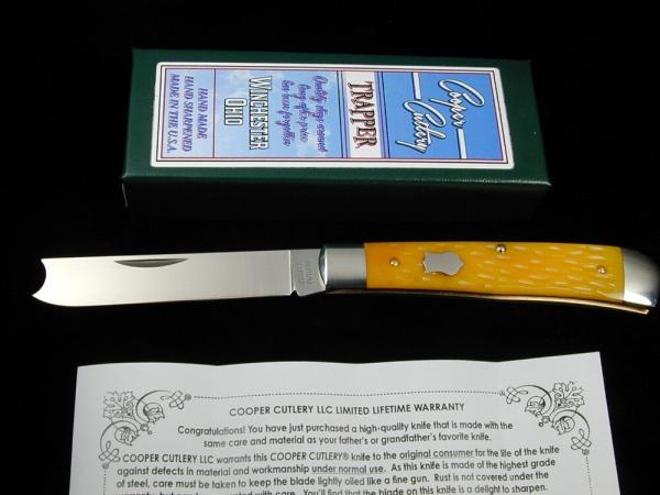 Cooper Cutlery Yellow Jigged Bone Razor Trapper Knife NIT Made in USA 5119YJB