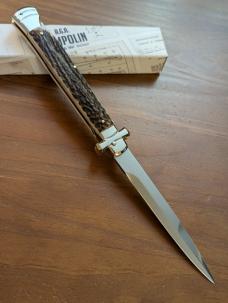  NIB 11"- 28 cm A.G.A. Campolin Alpine Stag Horn Maltese Automatic Lockback Stiletto