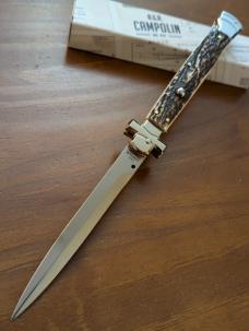  NIB 11"- 28 cm A.G.A. Campolin Alpine Stag Horn Maltese Automatic Lockback Stiletto