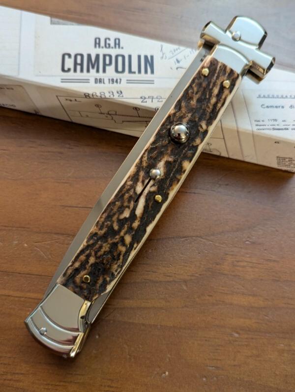  NIB 11"- 28 cm A.G.A. Campolin Alpine Stag Horn Maltese Automatic Lockback Stiletto