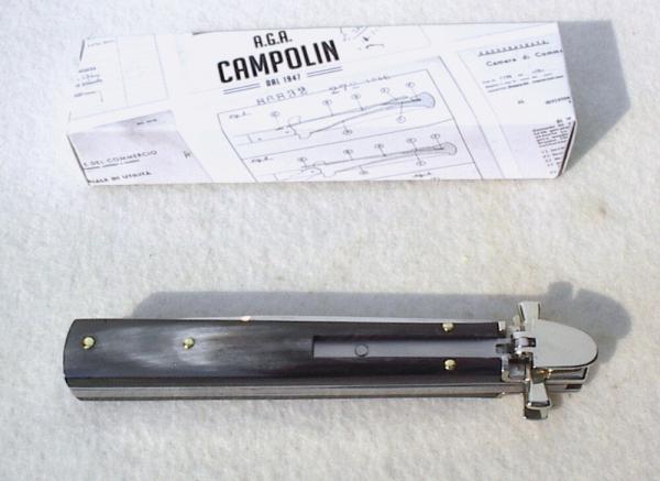 NEW A.G.A. CAMPOLIN 9" AUTOMATIC DOMINUS BRAZILIAN HORN LEVER LOCK, NICKEL SILVER BOLSTERS - W/BOX 