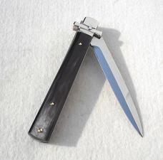 NEW A.G.A. CAMPOLIN 9" AUTOMATIC DOMINUS BRAZILIAN HORN LEVER LOCK, NICKEL SILVER BOLSTERS - W/BOX 