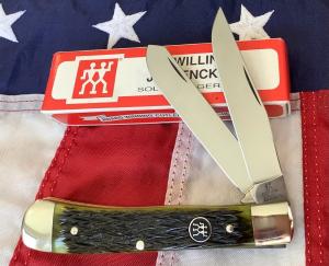 J A Henckels Trapper w/ Sweet Mountain Moss Green Bone Handles in Orig Box -NOS