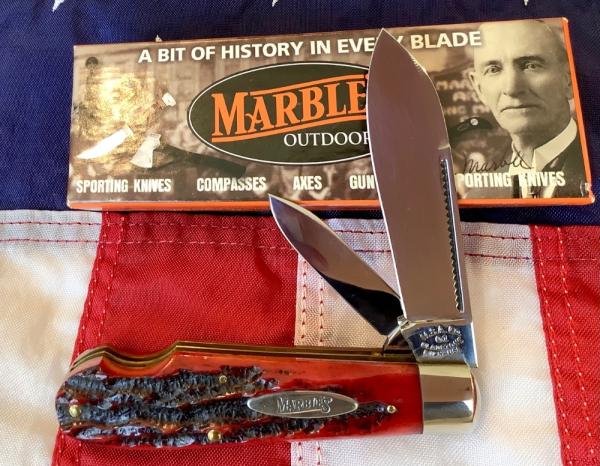 Marbles Gladstone, MI -MSA -Attractive Red Carved Bone Stag Handles -NOS in Orig box