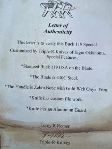  LEROY REMER BUCK 119 ALUMINUM GUARD ZEBRA BONE WITH GOLD WEB ONYX TRIM #7
