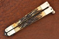 BEAR & SONS MADE IN USA STAG BONE BONE STAG BUTTERFLY KNIFE BALISONG (19054)