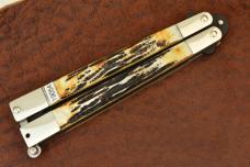 BEAR & SONS MADE IN USA STAG BONE BONE STAG BUTTERFLY KNIFE BALISONG (19054)
