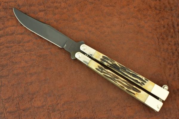 BEAR & SONS MADE IN USA STAG BONE BONE STAG BUTTERFLY KNIFE BALISONG (19055)