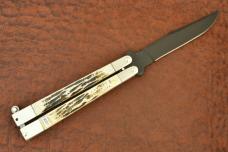 BEAR & SONS MADE IN USA STAG BONE BONE STAG BUTTERFLY KNIFE BALISONG (19055)