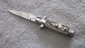 4 1/2" mini Italian stag Stiletto flat blade with swedge.