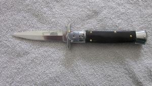 8" SLS auto Knife -(Swinguard Leverlock Stiletto) switchblade knife. Ebony wood handles.