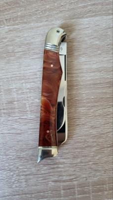 5 1/8" Custom Handmade Trapper Knife with Bird's Head Bolster, Imitation Amber Handles, File work