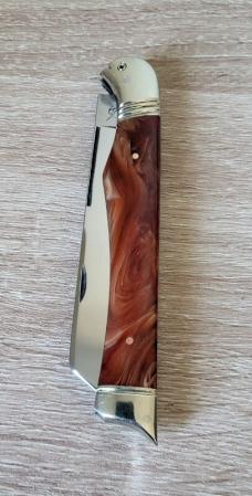 5 1/8" Custom Handmade Trapper Knife with Bird's Head Bolster, Imitation Amber Handles, File work