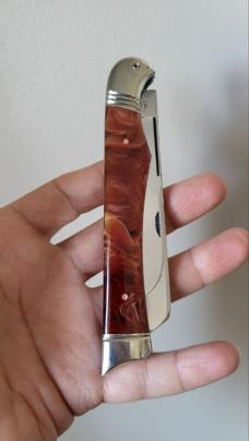 5 1/8" Custom Handmade Trapper Knife with Bird's Head Bolster, Imitation Amber Handles, File work