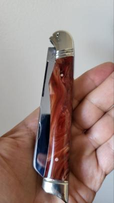 5 1/8" Custom Handmade Trapper Knife with Bird's Head Bolster, Imitation Amber Handles, File work