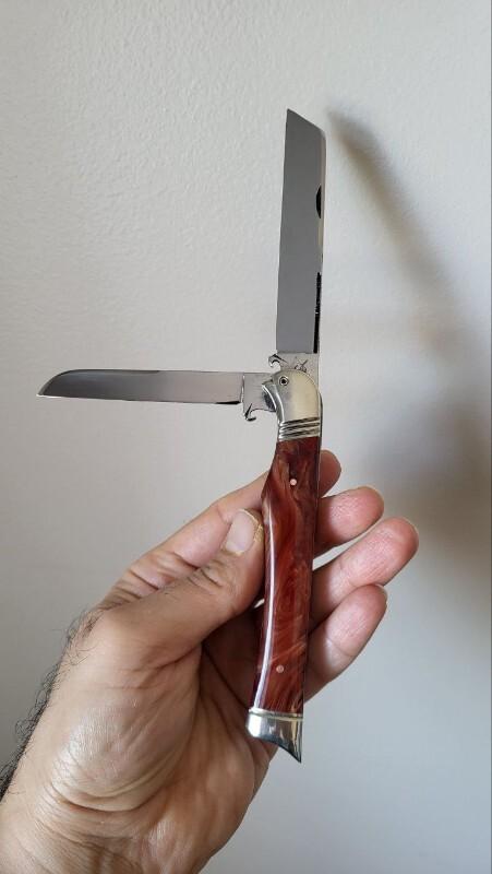5 1/8" Custom Handmade Trapper Knife with Bird's Head Bolster, Imitation Amber Handles, File work