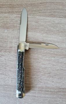 4 3/4" Custom Handmade 2-Blade Gunstock Knife with Premium Stag, Filework