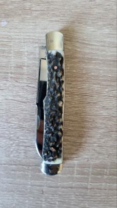 4 3/4" Custom Handmade 2-Blade Gunstock Knife with Premium Stag, Filework