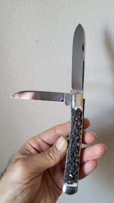 4 3/4" Custom Handmade 2-Blade Gunstock Knife with Premium Stag, Filework