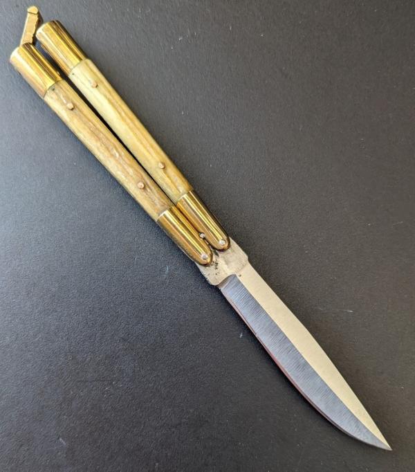 Medium Vintage Philippines handmad Balisong aka Butterfly Knife Jig Bone Scales Jeweled latch 