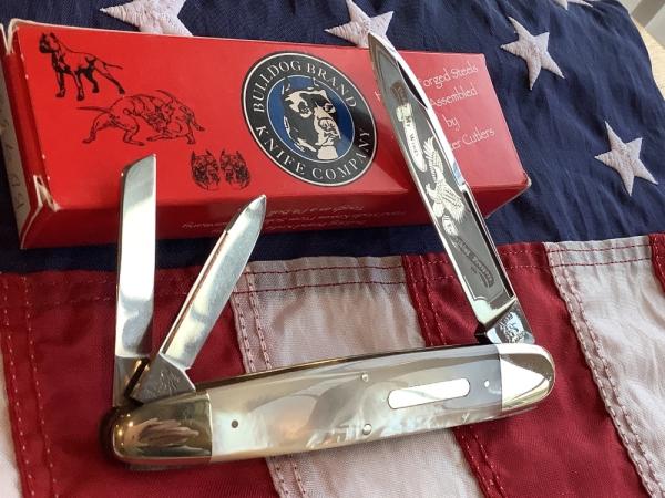 1998 Bulldog Angeleo Saxon Whittler w/ Fiery Mother of Pearl Handles + Soaring Eagle blade etch