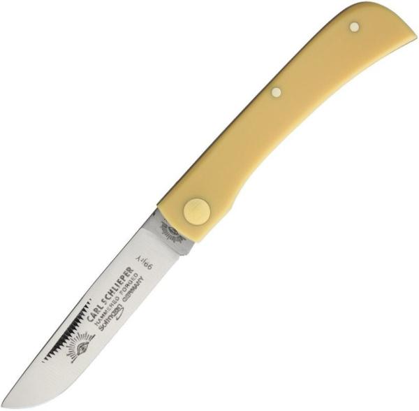 GERMAN EYE BRAND - CLODBUSTER JR. - ETCHED BLADE - 3 5/8" CLOSED LENGTH - YELLOW SYNTHETIC HANDLES