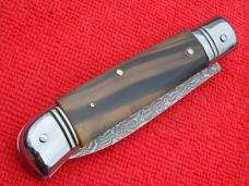 8"  Leverlock Automatic switchblade knife Brazilian horn Handles Spear Point Damascus blade
