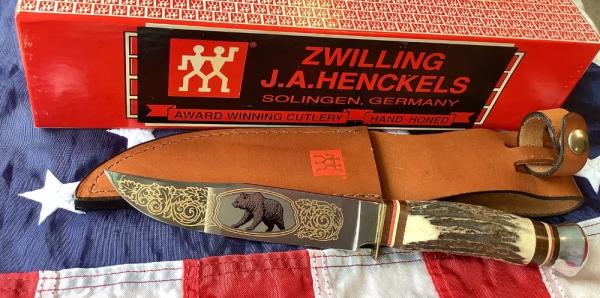 J A Henckels Fixed Blade Hunter Knife w/ Stag Handles & Gold Blade Etch of A Black Bear J A Henckels Fixed Blade Hunter Knife w/ Stag Handles & Gold Blade Etch of A Black Bear
