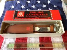 J A Henckels Fixed Blade Hunter Knife w/ Stag Handles & Gold Blade Etch of A Black Bear