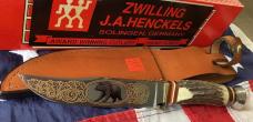 J A Henckels Fixed Blade Hunter Knife w/ Stag Handles & Gold Blade Etch of A Black Bear