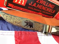 J A Henckels Fixed Blade Hunter Knife w/ Stag Handles & Gold Blade Etch of A Black Bear