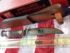 J A Henckels Fixed Blade Hunter Knife w/ Stag Handles & Gold Blade Etch of A Black Bear