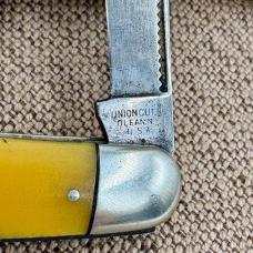 Ka-Bar Union Cutlery Olean. N.Y. Stockman Yellow Handle 3-blade Stockman (228)