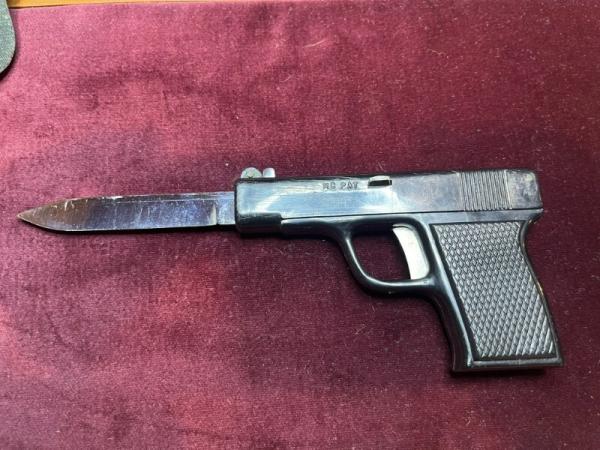 Vintage 1960s Spanish OTF Switchblade Pistol knife with black leather sheath