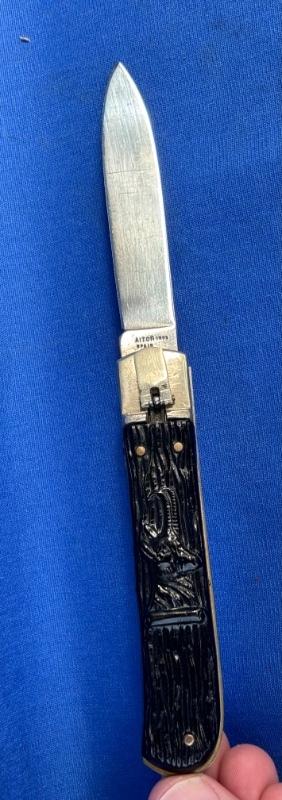 Vintage AITOR INOX SPAIN Leverlock Switchblade Knife Black Antelope Scale
