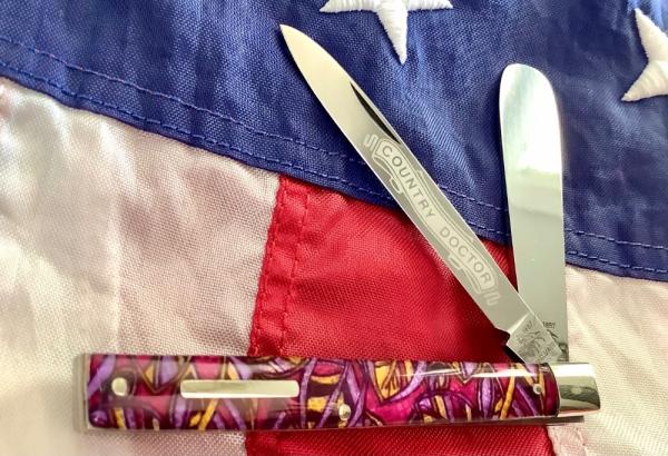 1997 Bulldog Brand HAND MADE 2 Blade Doctor Knife w Wide Spatula blade & Purple/Pink/Yelllow Handles 1997 Bulldog Brand HAND MADE 2 Blade Doctor Knife w Wide Spatula blade & Purple/Pink/Yelllow Handles