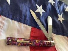1997 Bulldog Brand HAND MADE 2 Blade Doctor Knife w Wide Spatula blade & Purple/Pink/Yelllow Handles