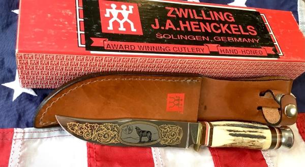 J A Henckels Fixed Blade Hunter Knife w/ Stag Handles & Gold Blade Etch of a Howling Wolf