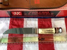 J A Henckels Fixed Blade Hunter Knife w/ Stag Handles & Gold Blade Etch of a Howling Wolf