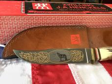 J A Henckels Fixed Blade Hunter Knife w/ Stag Handles & Gold Blade Etch of a Howling Wolf