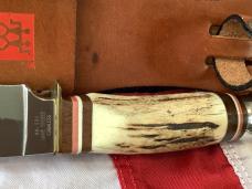 J A Henckels Fixed Blade Hunter Knife w/ Stag Handles & Gold Blade Etch of a Howling Wolf