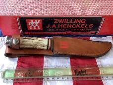 J A Henckels Fixed Blade Hunter Knife w/ Stag Handles & Gold Blade Etch of a Howling Wolf