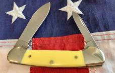 Vintage Ka-Bar Dog Head 2 Blade Canoe Knife w/ Yellow Derlin Handles -Dog Head Shield -NOS & M/NM