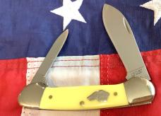 Vintage Ka-Bar Dog Head 2 Blade Canoe Knife w/ Yellow Derlin Handles -Dog Head Shield -NOS & M/NM
