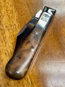Taylor's Eye Witness Premium Barlow Clip with Thuya Burl Scales and custom Back Spring Filing
