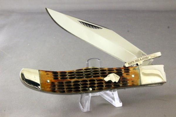 KA-BAR SWING GUARD Locking Folding Hunter with Dog's Head Shield, Bone Handles, Mint, Free Shipping