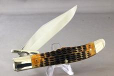 KA-BAR SWING GUARD Locking Folding Hunter with Dog's Head Shield, Bone Handles, Mint, Free Shipping