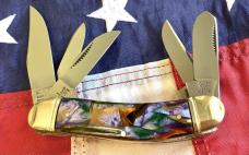 1996 Bulldog Brand 5 Blade Sowbelly w/ Vibrant Green, Purple & Gold Handles +Peacock Etch -NOS 
