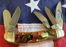 1996 Bulldog Brand 5 Blade Sowbelly w/ Vibrant Green, Purple & Gold Handles +Peacock Etch -NOS 