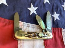1996 Bulldog Brand 5 Blade Sowbelly w/ Vibrant Green, Purple & Gold Handles +Peacock Etch -NOS 